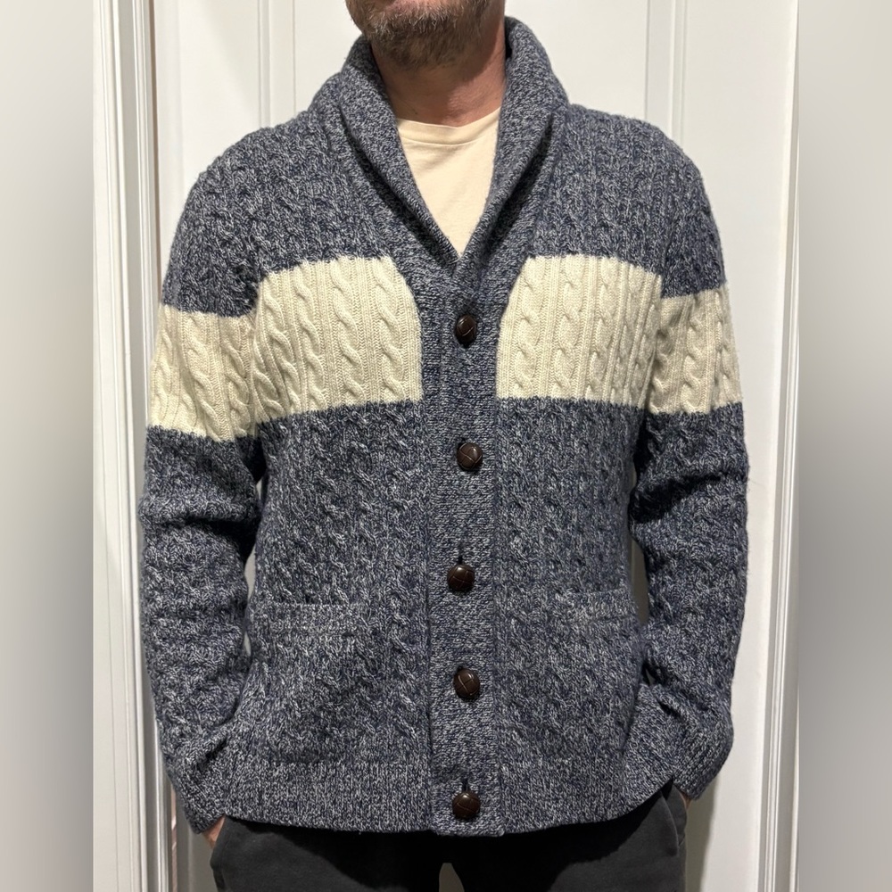 Barque Sz XL Blue Cream Cable Knit shawl neck button retro cardigan Sweater
